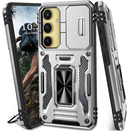 Samsung Galaxy Shockproof Magnetic Phone Case with 360° Rotating Ring Bracket & Sliding Lens Protector – Heavy Duty Cover for S24FE S23FE