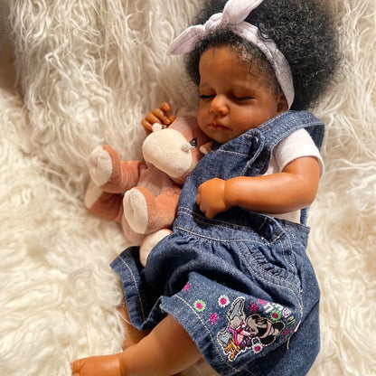 Reborn Baby Doll 19 Inch Curly Blue Hair with Sleeping Sounds Cloth Body & Lifelike Weight
