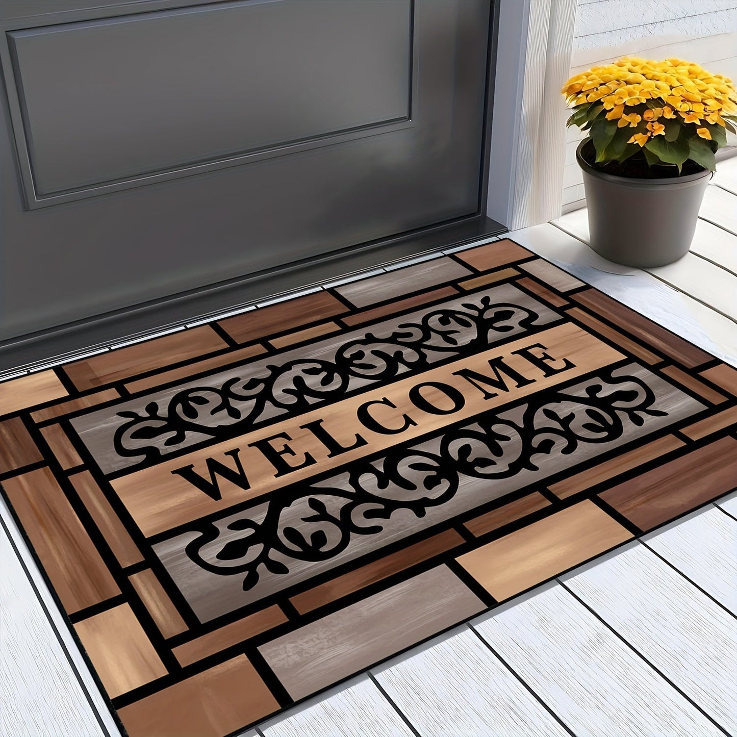 Welcome Doormat Wood Pattern – Entrance Mat with Polypropylene Backing, Indoor Outdoor Floor Mat for Front Door