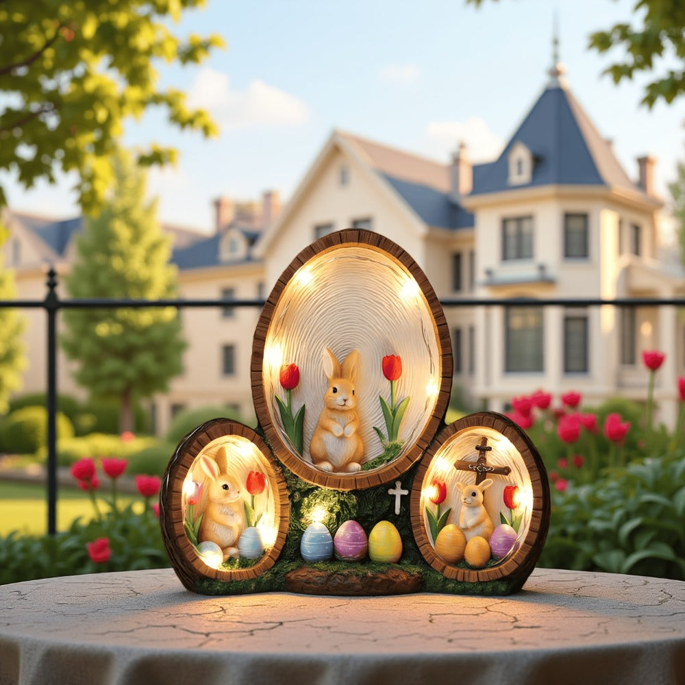 Handmade Resin Easter Egg Ornament - Painted Tulip Rabbit & Cross Decoration, Glowing Home Decor Accent for Easter