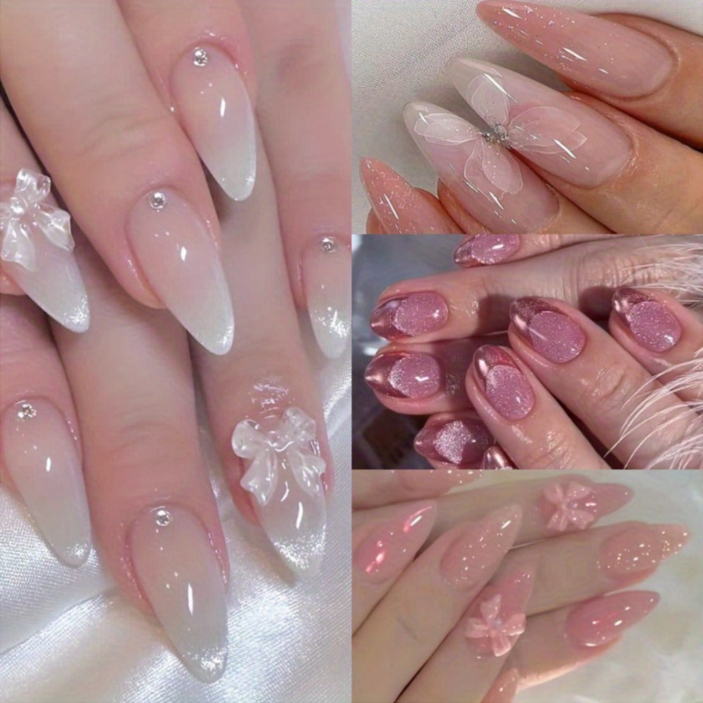 Press On Nails 96-Piece Almond Four-Pack Ice Pink Gradient Flower Butterfly Glossy Full-Cover Set