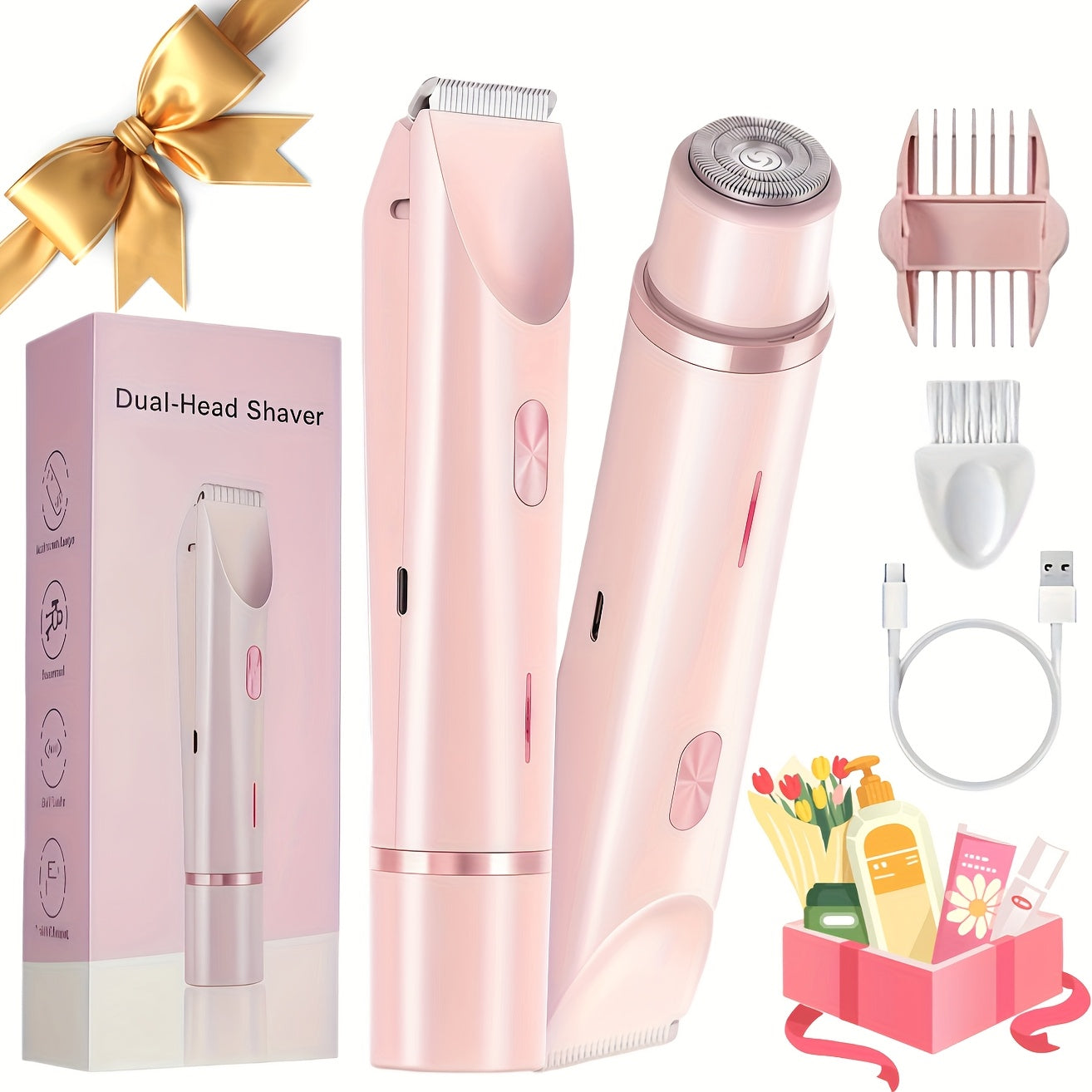 Electric Hair Trimmer for Women Dual Head IPX7 Waterproof USB Rechargeable Painless Bikini Trimmer Face Body Shaver Arms Legs Underarm