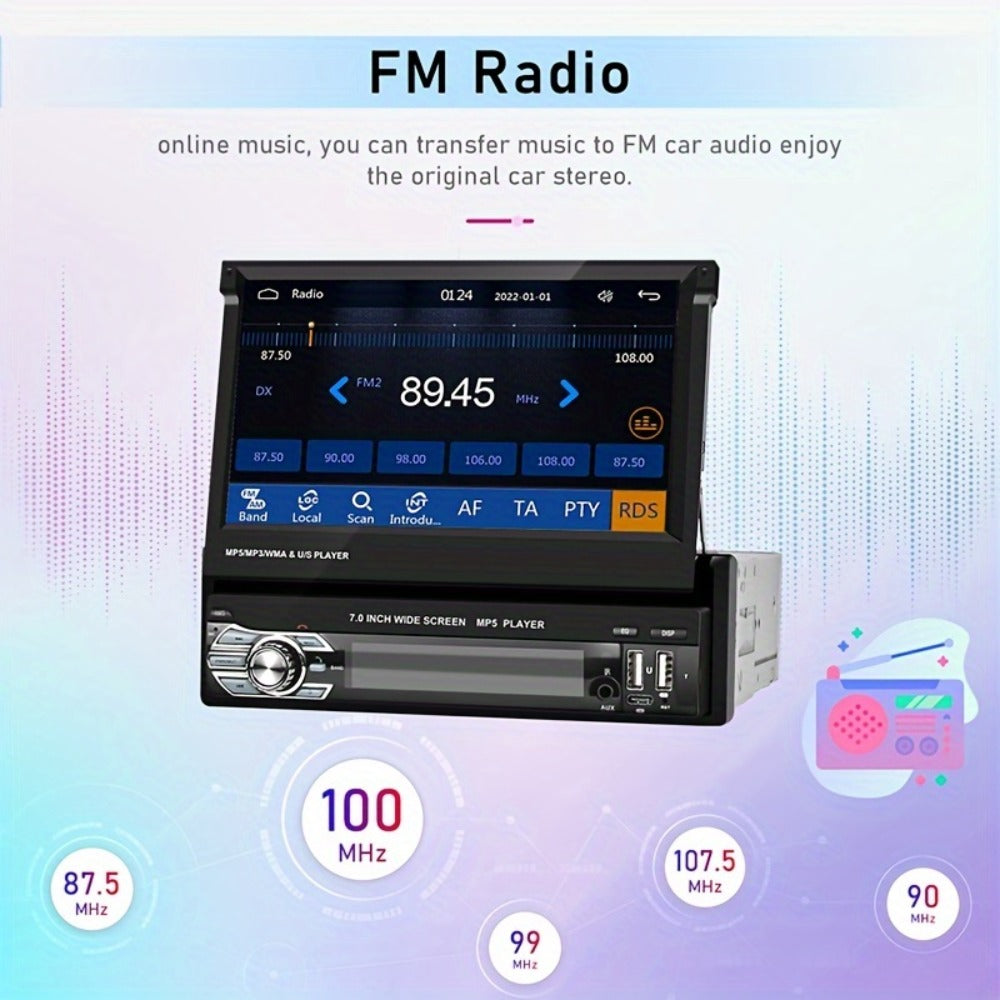 Single Din Car Stereo 7 Inch Flip Out Touchscreen – Wireless CarPlay & Android Auto, 1080P HD, FM Radio, SWC, Voice Control, USB/Type-C/AUX