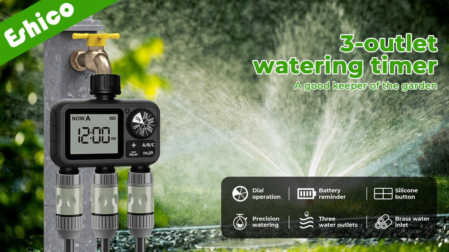 3-Zone Sprinkler Timer with Auto/Manual/Rain Delay Modes, Programmable Garden Hose Irrigation Controller