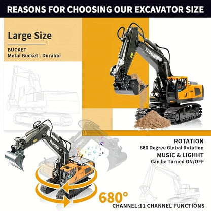 RC Excavator Toy 1:18 Scale 2.4GHz Remote Control with Metal Scoop 680-Degree Rotation Lights & Sound