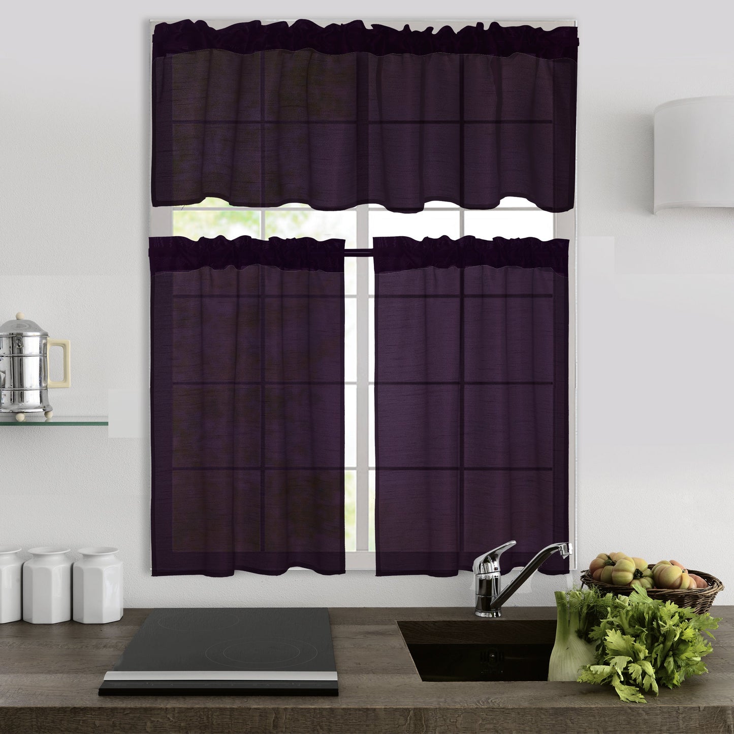 Three-Piece Faux Silk Window Curtain Set with Rod-Pocket Valance, Two 26 x 36-Inch Tiers and Eleven Colors