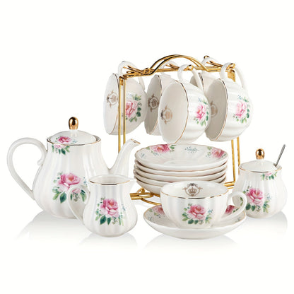 Porcelain Tea Set Service for 6 British Royal Floral Design with Teapot Sugar Bowl Cream Pitcher Teaspoons Tea Strainer 8oz Cups Saucers