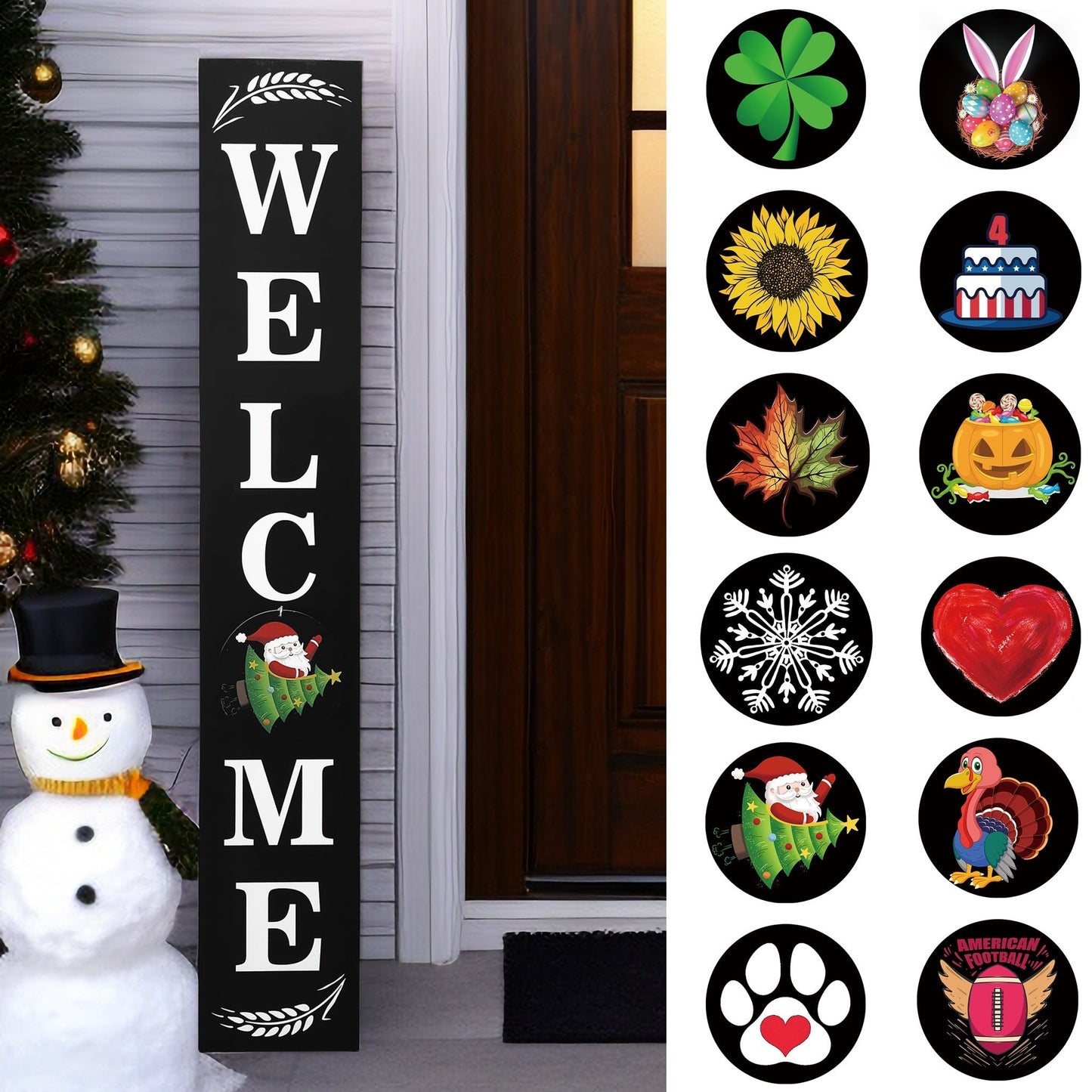 Porch Sign with 12 Interchangeable Seasonal Icons 47 Inch Tall – Welcome Sign for Front Door, Wind Resistant Leaner Board for Patio Yard