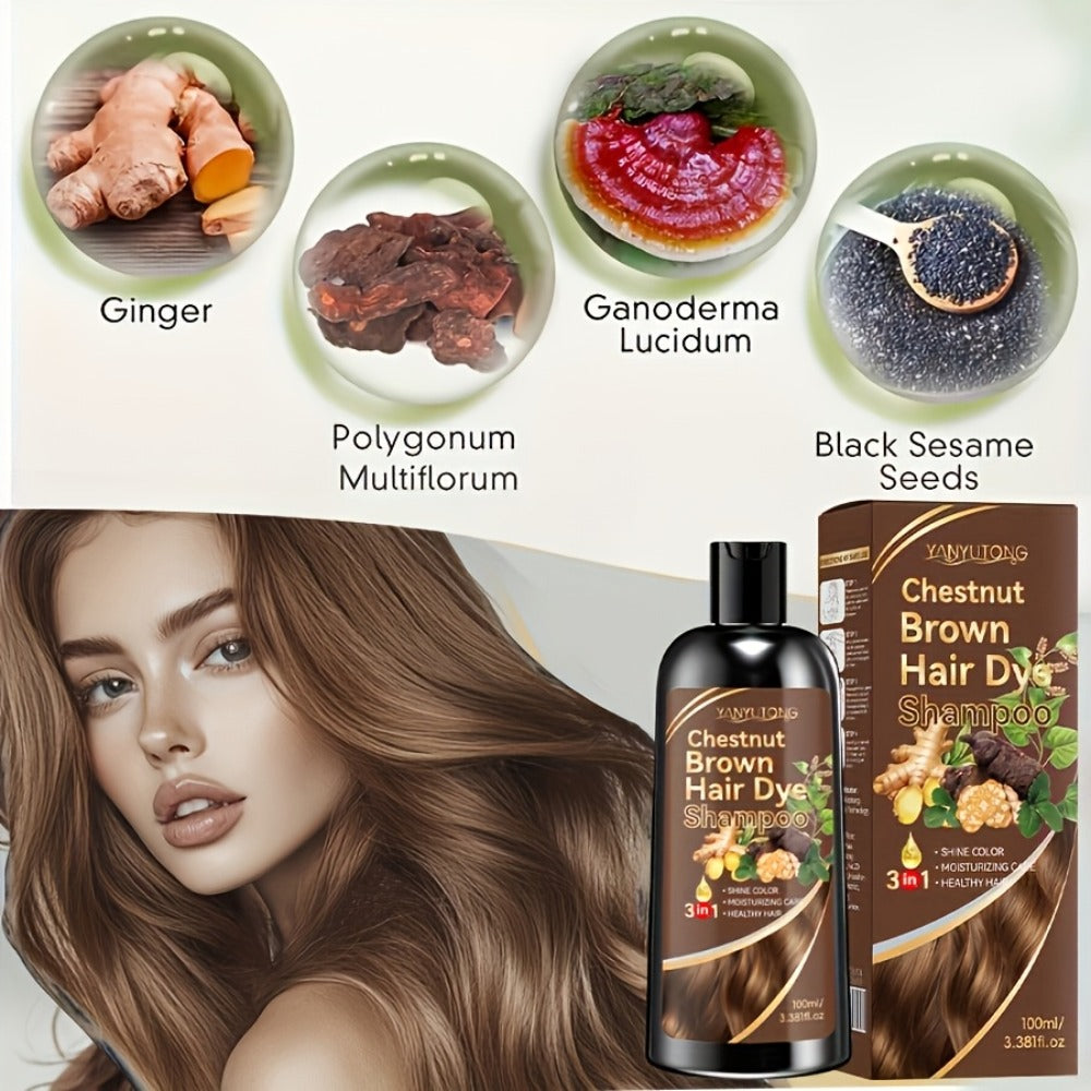 Hair Dye Shampoo Natural Plant Pigments, Fast Gray Hair Coverage in 1 Wash, 3.38oz Travel Size, Black Brown Chestnut Brown