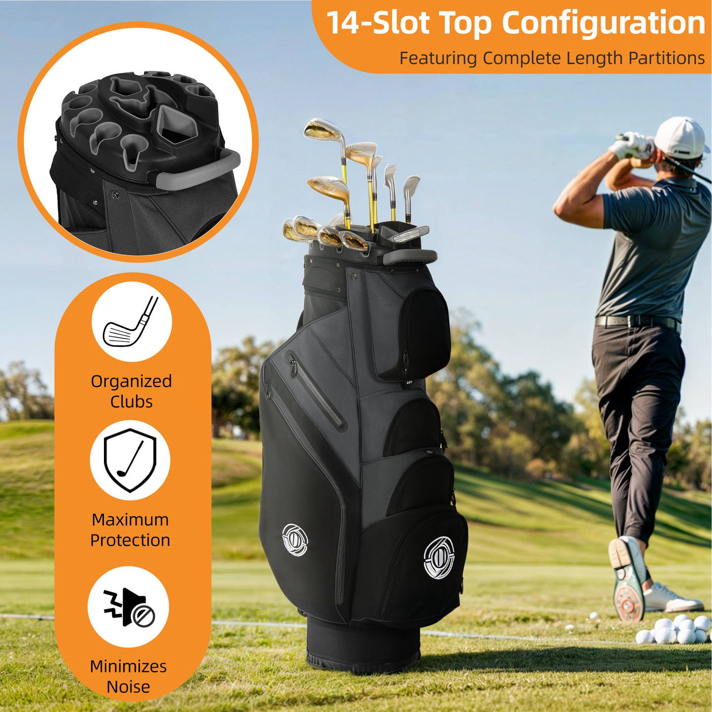 Golf Cart Bag 14-Way Full Length Dividers Protect Clubs 8 Zippered Pockets Cooler Pocket Valuables Pocket Ergonomic Shoulder Straps Rain