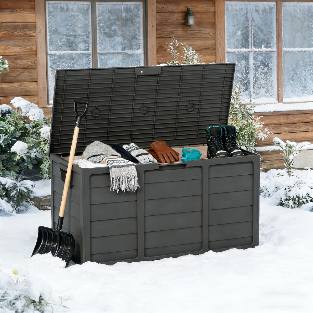 75-Gallon Outdoor Storage Box with Hinged Lid, Side Handles and Black or Gray Checkout Options