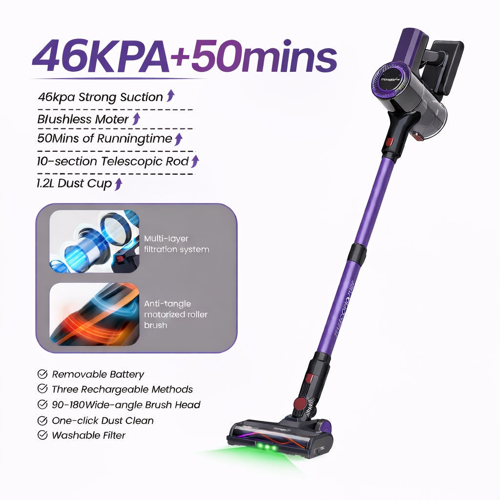 Cordless Vacuum Cleaner 46KPA Powerful Suction Detachable Battery Anti-Tangle V-Shaped Brush for Entryways, Bedrooms and Living Spaces