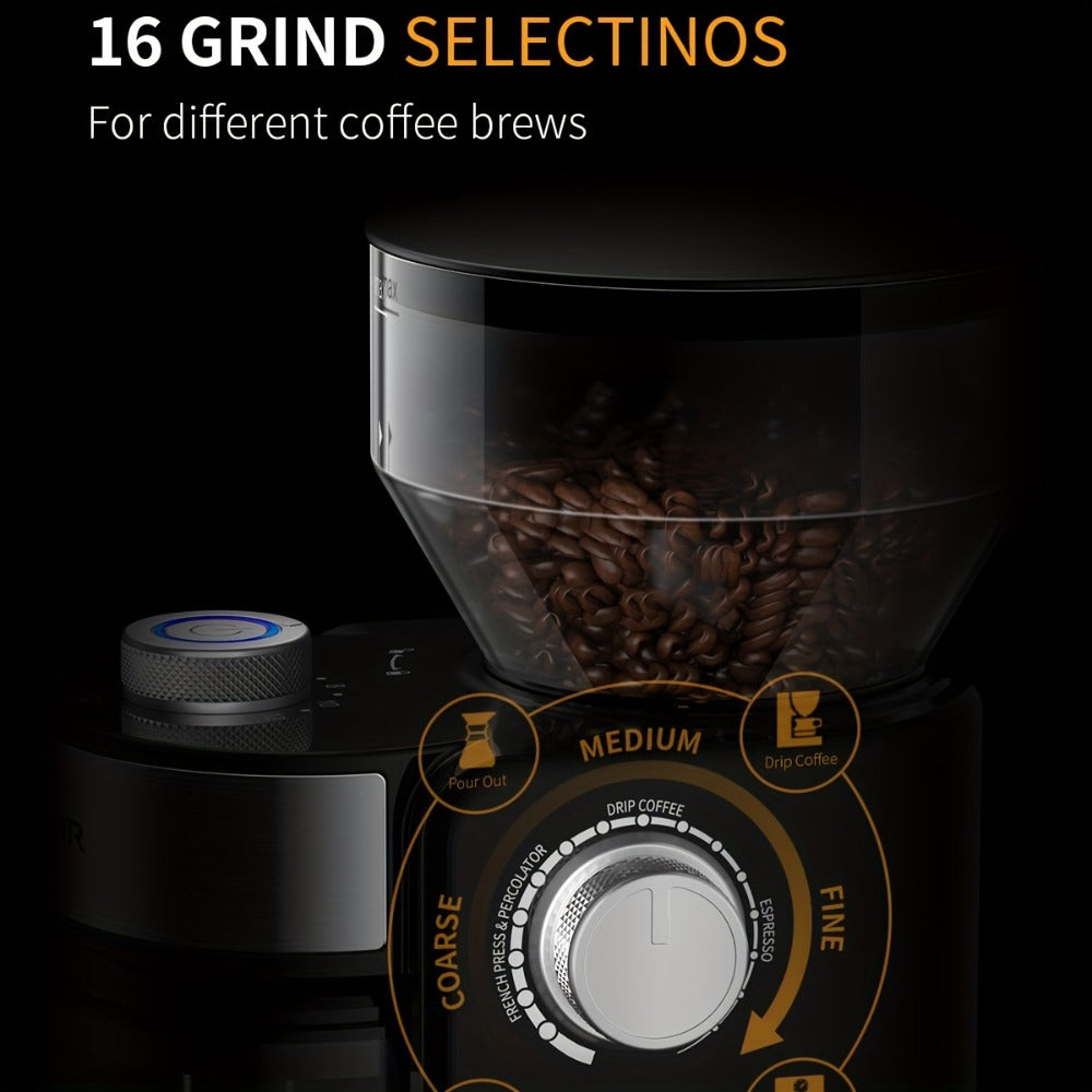 Electric Burr Coffee Grinder with 16 Grind Selections, 2-14 Cup Dial and Silver 9.5 x 7 x 5-Inch Body