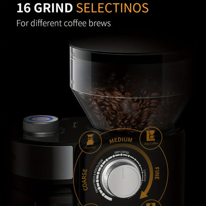 Electric Burr Coffee Grinder with 16 Grind Selections, 2-14 Cup Dial and Silver 9.5 x 7 x 5-Inch Body