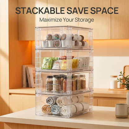 Clear Acrylic Storage Drawers with Handles – Stackable Refrigerator and Pantry Organizer Bins for Snacks Fruits and Vegetables