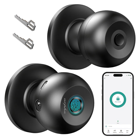Smart Door Lock Arpha Round Knob with Fingerprint Keypad App and Mechanical Key Access in Black