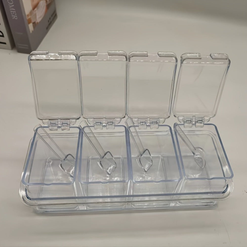 Four-Grid Clear Spice Box Set with Individual Flip-Top Lids, Shared Base, Four Compartments and 26cm Length