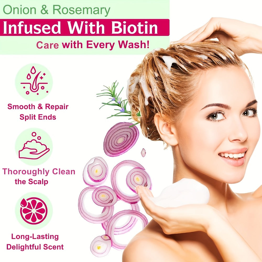 Onion, Biotin and Rosemary-Labeled Shampoo and Conditioner Set in Purple Pump Bottles with Jojoba Oil Wording