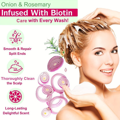 Onion, Biotin and Rosemary-Labeled Shampoo and Conditioner Set in Purple Pump Bottles with Jojoba Oil Wording