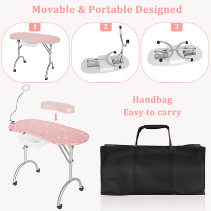 Foldable Nail Table with LED Lamp Drawer Lockable Wheels Wrist Cushion & Carrying Bag, Portable Manicure