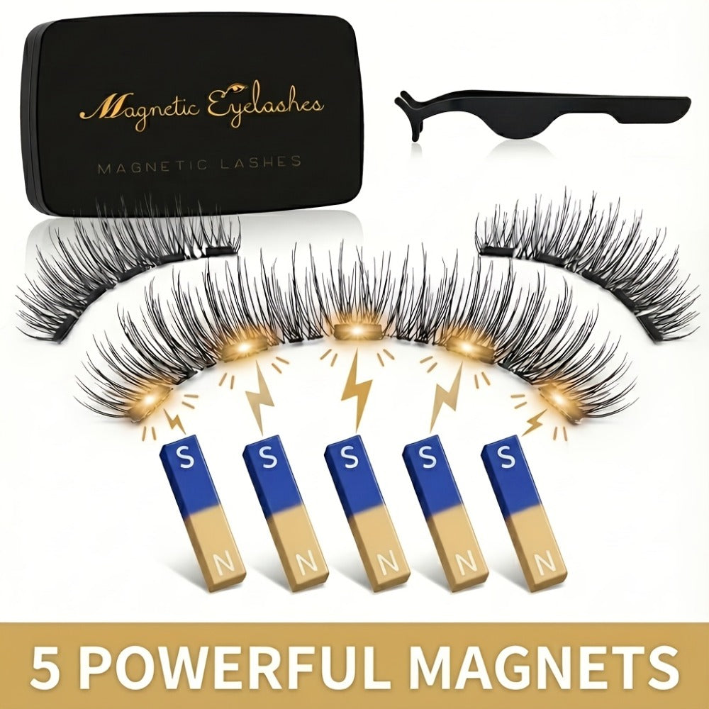 Eight-Piece Double-Strip Magnetic False Eyelash Set with Black Case, Applicator and Tweezers