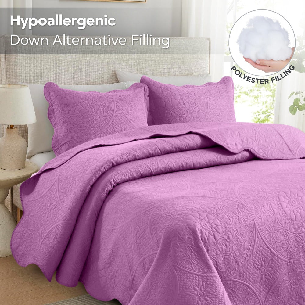 Floral-Pattern Three-Piece Bedspread Set in 16 Colors with Twin, Queen, King and California King Sizes