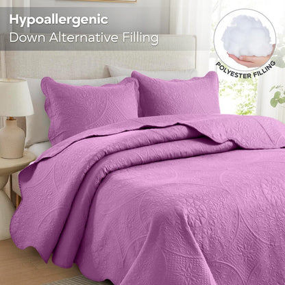 Floral-Pattern Three-Piece Bedspread Set in 16 Colors with Twin, Queen, King and California King Sizes