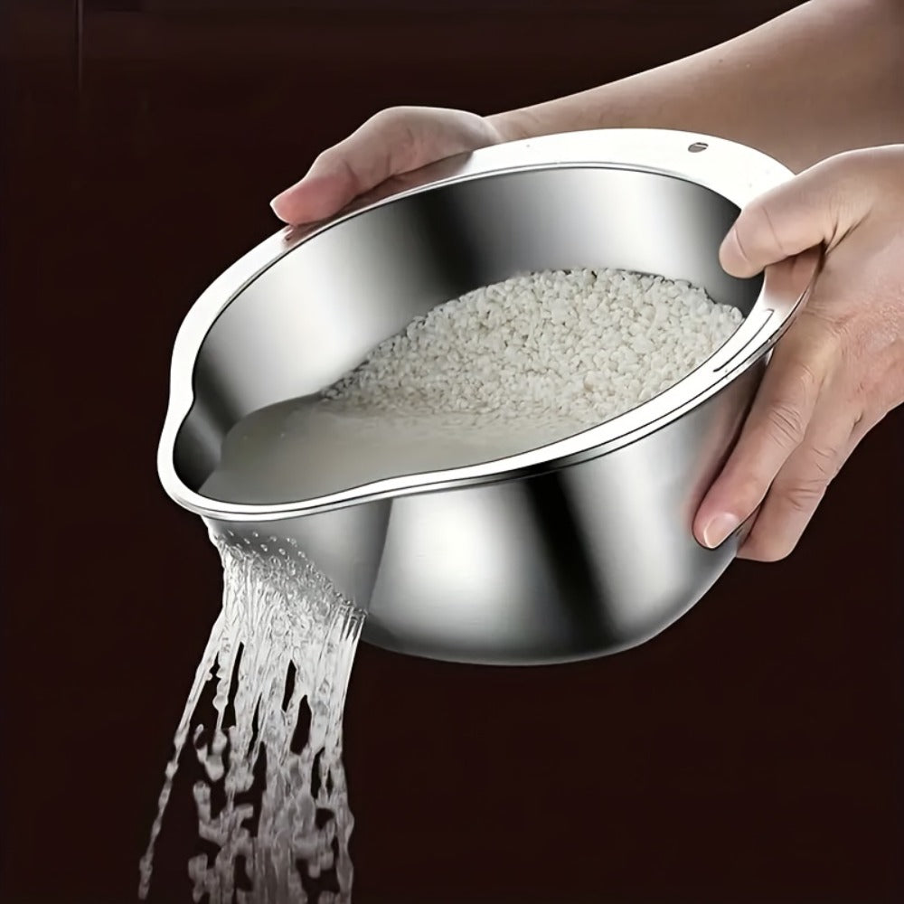 Stainless Steel Kitchen Colander with Handle – Multipurpose Rice Strainer Mesh Basket for Washing Rice
