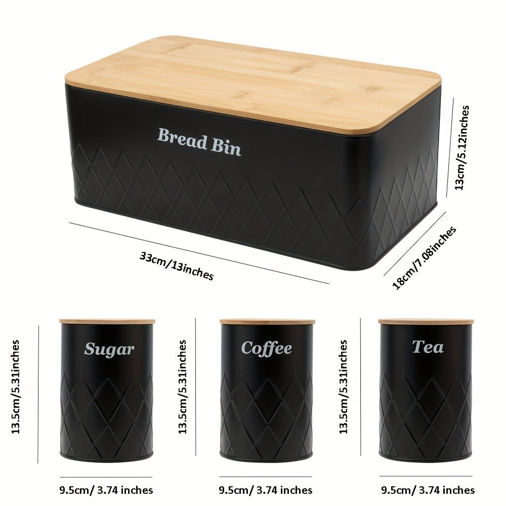 Bread Bin with 3-Piece Canister Set for Tea Sugar Coffee – Flip-Top Lid Kitchen Storage Containers Countertop Organizer Set