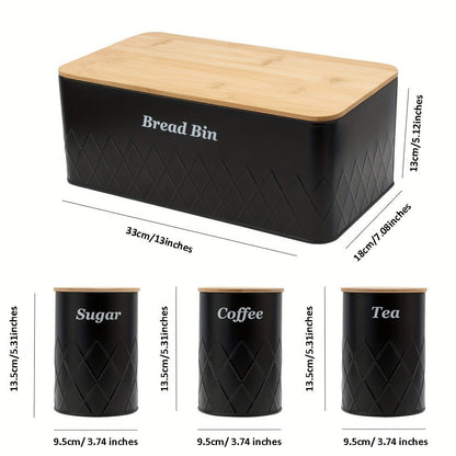 Bread Bin with 3-Piece Canister Set for Tea Sugar Coffee – Flip-Top Lid Kitchen Storage Containers Countertop Organizer Set