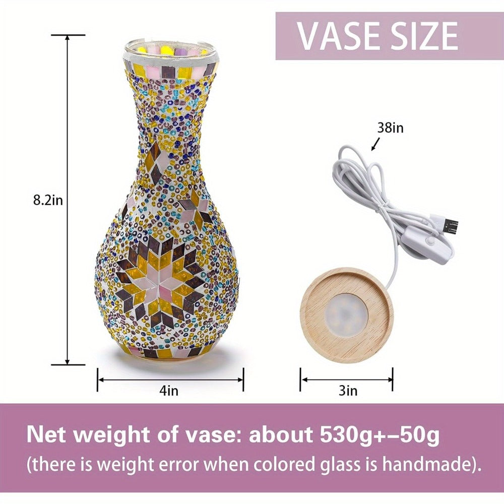 Mosaic Vase Lamp Turkish Moroccan Handmade Colorful Glass Table Lamp with Wooden Base, USB Plug-In Boho Night Light