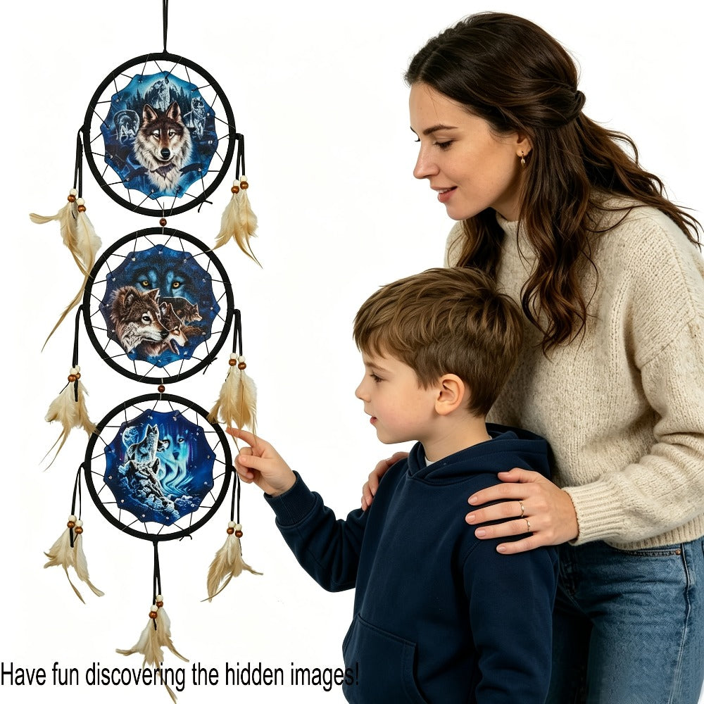 Wolf Dream Catcher Wall Decor with Three Printed Circles, Beads and Feather Accents in Two 6-Inch Styles