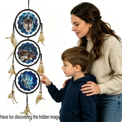 Wolf Dream Catcher Wall Decor with Three Printed Circles, Beads and Feather Accents in Two 6-Inch Styles