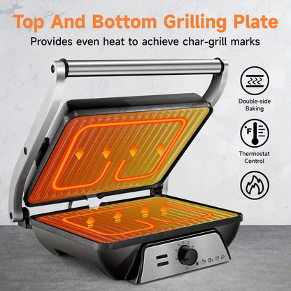 Panini Press Grill 3-in-1 Electric Indoor Grill with Non-Stick Plates - 180° Flat Grill for Entryways, Bedrooms and Living Spaces