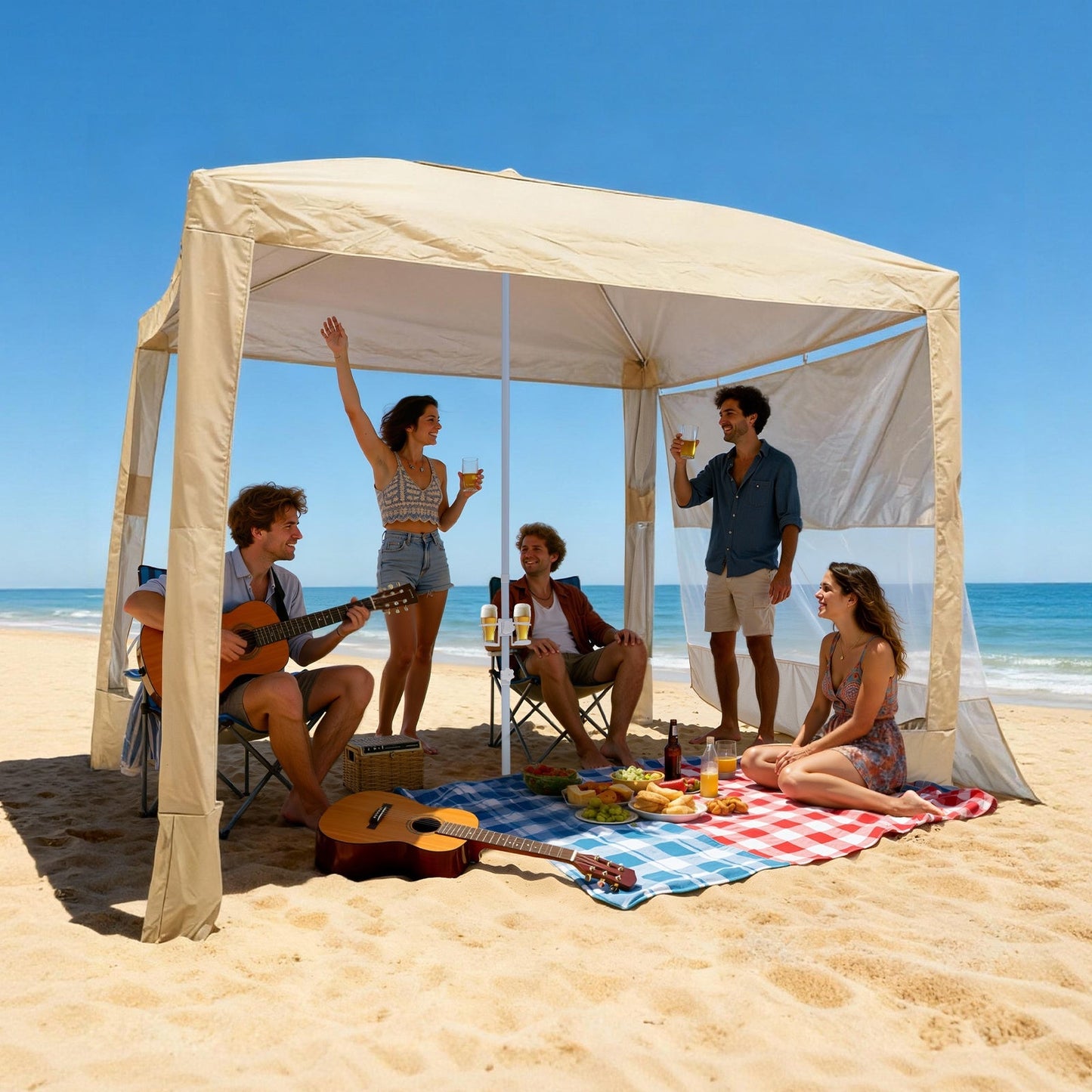 Beach Cabana 8x8ft UPF 50+ Adjustable Height Side Wall Navy Stripes for Garden, Patio and Yard Use