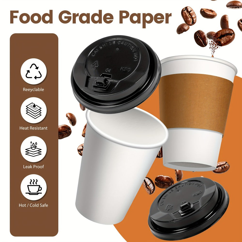 Disposable Paper Coffee Cups with Lids and Sleeves 12oz, Leak-Proof To-Go Hot Coffee Cups with Insulated Sleeve for Home