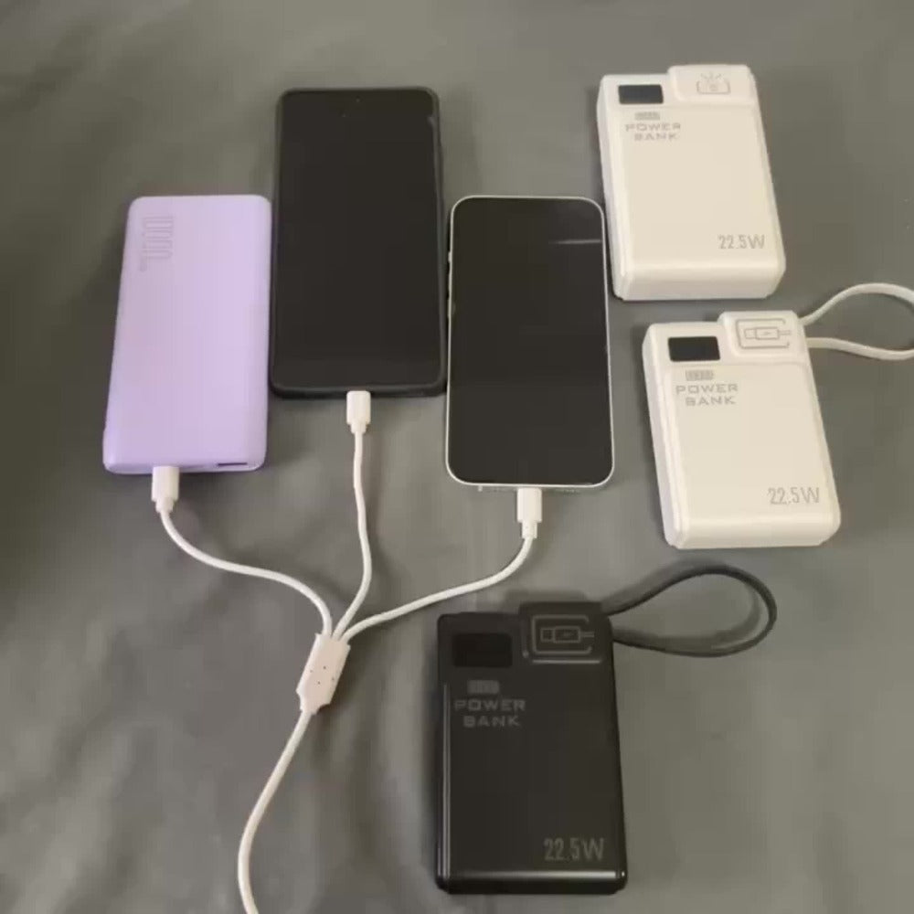 10000mAh Power Bank with 22.5W Label, Built-In USB-A and USB-C Cables, Three Outputs and Display