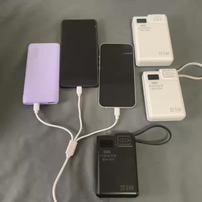 10000mAh Power Bank with 22.5W Label, Built-In USB-A and USB-C Cables, Three Outputs and Display