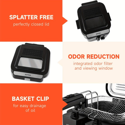 1500W Black Deep Fryer with 1.5L or 2.5L Capacity, Windowed Removable Lid and Temperature Dial