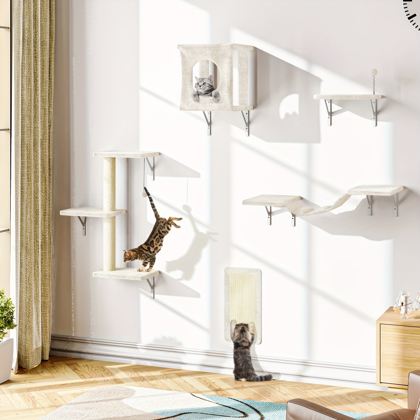 Cat Wall Shelves 5-Piece Set – Wall-Mounted Cat Furniture with Floating Perch, Cat Climber, Bridge & Cat Bed