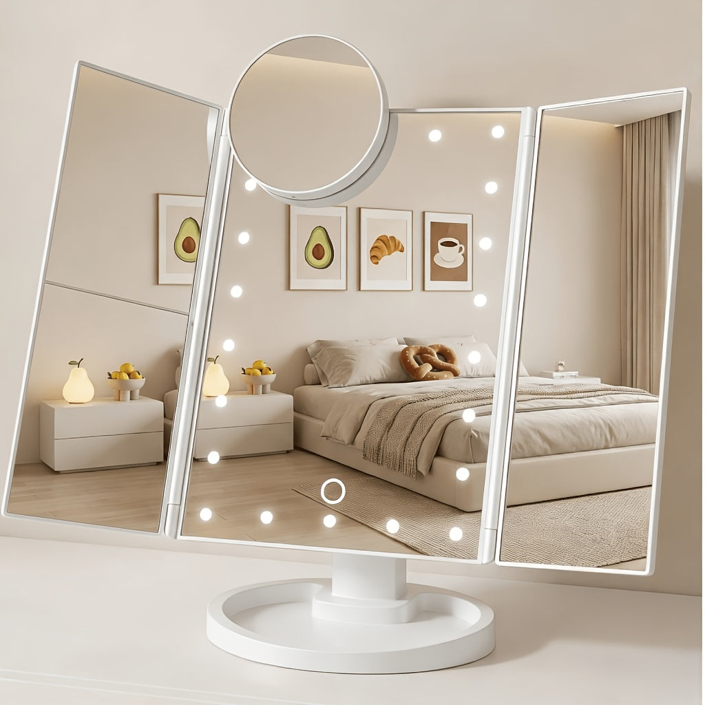 Vanity Mirror with Lights Tri-Fold 21 LED Lighted Makeup Mirror Touch Control 1X 2X 3X 10X Magnification 360 Rotation Dual Power Tabletop
