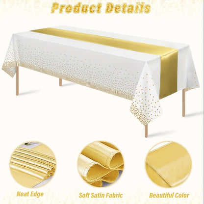 Disposable Tablecloth & Table Runner Set 10 Pack White Gold – Plastic Party Table Covers for Wedding Birthday Graduation Anniversary Baby