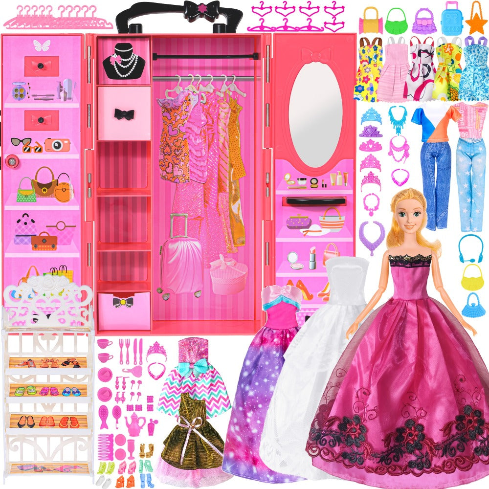 Fashion Doll Wardrobe Set 140pcs for 11.5 Inch Dolls, Deluxe Closet with Wedding Dress, Evening Gowns