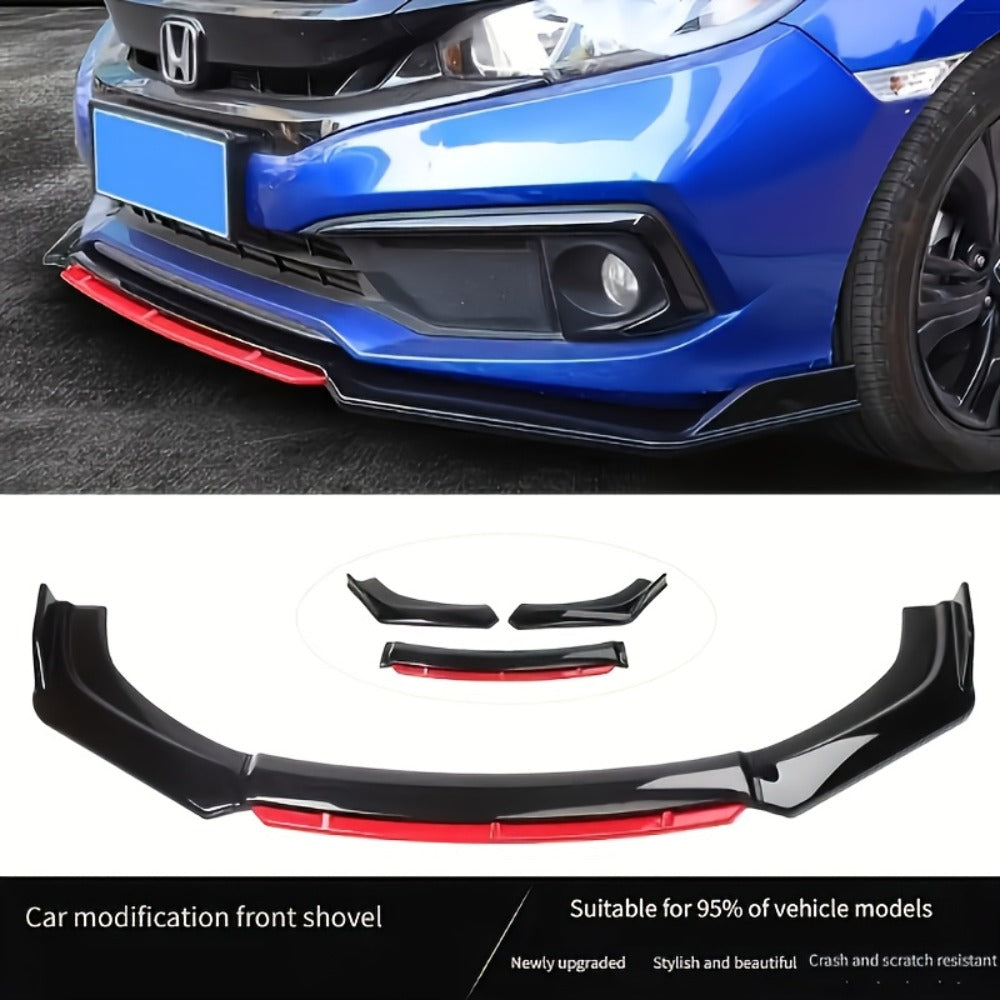 Car Front Lip Spoiler Kit 4pcs Universal ABS Front Bumper Splitter Spoiler Glossy Black Red Accent Aerodynamic Design Easy Clip-On Install