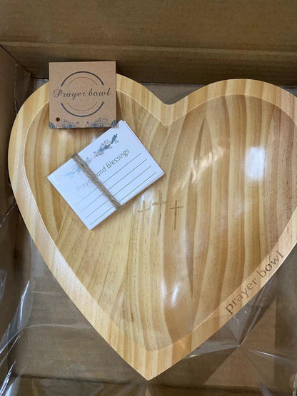 Wooden Prayer Bowl with 24 Prayer Cards – Hand-Carved Heart Shaped Cross Engraved Vintage Religious Gift Set for Easter, Christmas