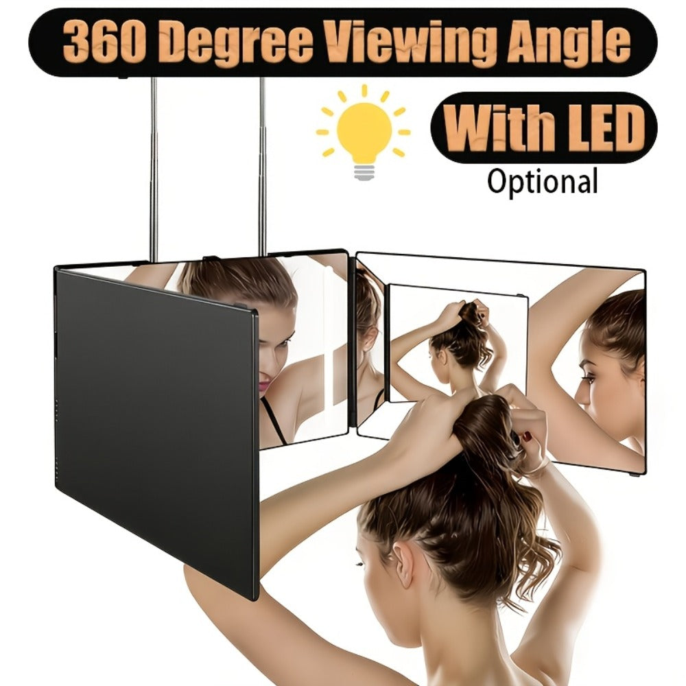 Barber Mirror, 3 Way Mirror for Self Hair Cutting with LED Lights, 360° View Anti-Fog HD Glass USB Rechargeable Folding Barber Mirror