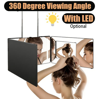Barber Mirror, 3 Way Mirror for Self Hair Cutting with LED Lights, 360° View Anti-Fog HD Glass USB Rechargeable Folding Barber Mirror