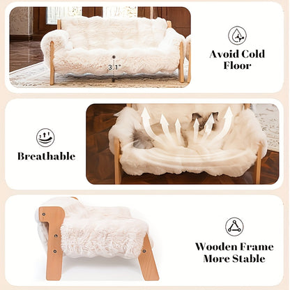 Raised Solid Wood Pet Couch Bed Elevated Modern Cat & Dog Sofa Chair 27x18x12 Inch – Thick Wide Wood Frame Space-Saving Cozy Pet Furniture