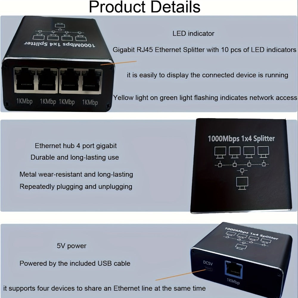 4-Port Ethernet Splitter USB Powered - 1 to 4 RJ45 Network Hub Adapter, Connect 4 Devices Simultaneously