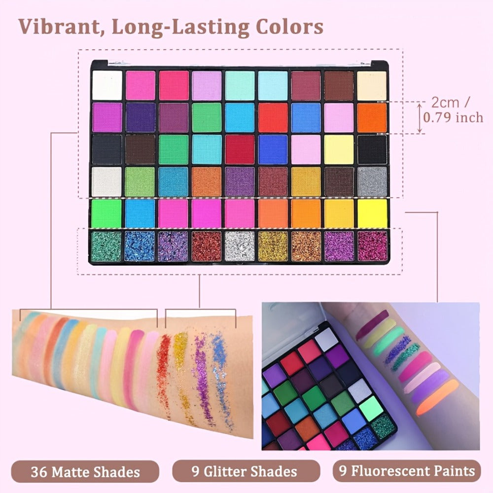 54 Color Face & Body Paint Kit with UV Fluorescent, Matte & Glitter Shades, Pattern Templates, Brushes &